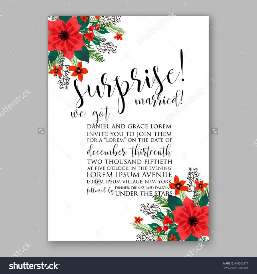 Wedding - Poinsettia Wedding Invitation sample card beautiful winter floral ornament Christmas Party wreath poinsettia, pine branch fir tree, needle, flower bouquet Bridal shower complimentary template wording