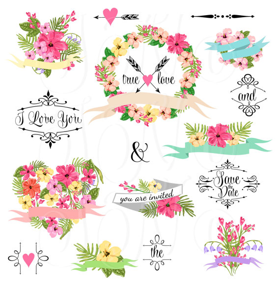 Mariage - Wedding Floral clipart, Digital Wreath, Floral Frames, Flowers, Arrows Clip art scrapbooking, wedding invitations, Ribbons, Banners, Heart