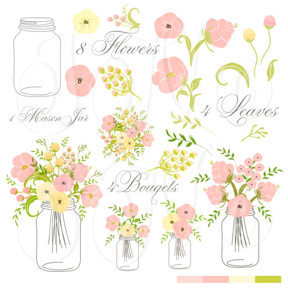 Wedding - Hand Drawn Mason Jars, card template and digital papers, Clip art for scrapbooking, wedding invitations, Personal and Small Commercial Use