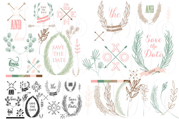 Wedding - Only 4.99 USD. Laurels clipart, Ribbons, Wreaths, Banners, Arrows. Clip art for scrapbooking, wedding invitations, Small Commercial Use