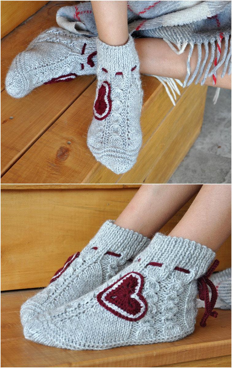 زفاف - Slippers Hand Knit  Gray Knit  Sock Slippers  mother girlfriend gift  Shoes Home Christmas Gift Customize Your Order