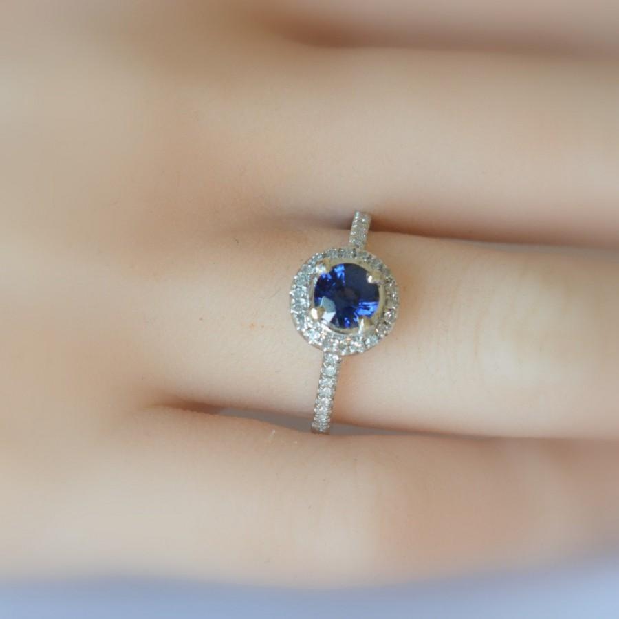 Wedding - 1 carat ultra fine royal blue sapphire,  white gold diamonds halo engagement ring  127B