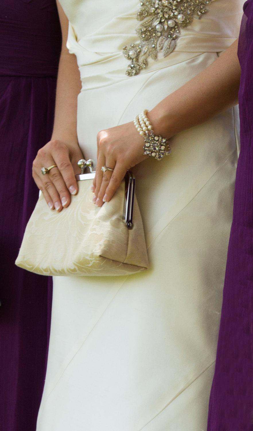 Mariage - Bridal Clutch Brides Bridesmaids Gift Ideas Custom Champagne Perzonalized Clutches Wedding by Lolis Creations