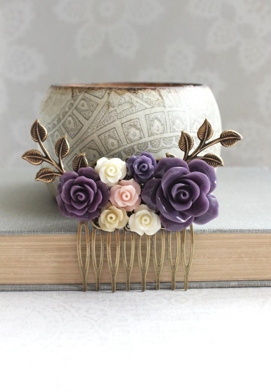 Свадьба - Purple Flower Hair Comb Blush Pink Rose Comb Floral Collage Hair Accessories Bridal Hair Comb Bridesmaids Gift Purple Wedding Branch Comb