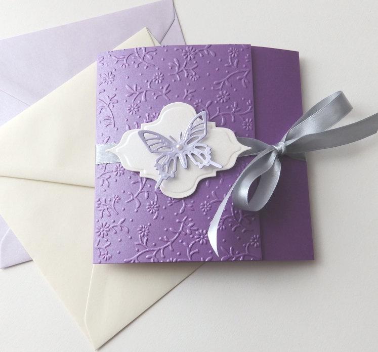 Mariage - Butterfly handmade wedding invitation/Purple, lavender wedding invite/Unique baptism invitation/Sweet sixteen invite/Baby shower invitation