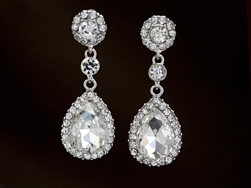 زفاف - Sparkling teardrop earrings, Classic rhinestone dangle earrings, Bridal crystal earrings, Silver, Wedding earrings,