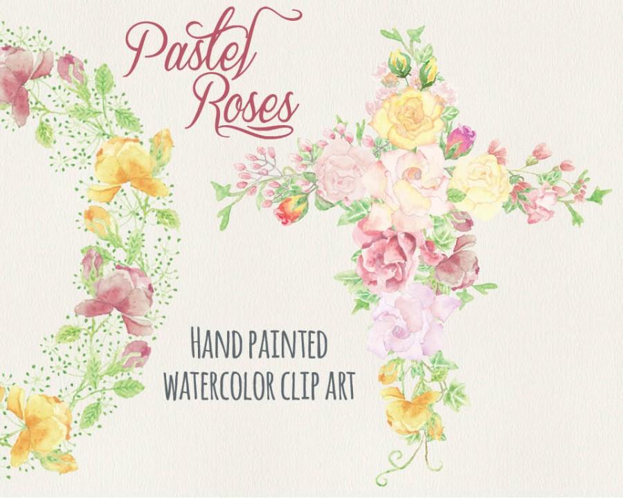 Mariage - Watercolor clip art: floral cross of pastel roses; wedding clip art; weddings; card making; instant download