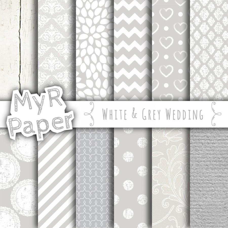 زفاف - Wedding digital paper: "WHITE & GREY WEDDING" White and Gray paper with chevron, stripes, polka dots, hearts, lace, wood, cardstock, lacy
