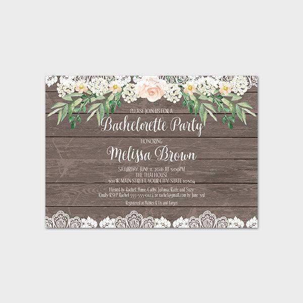 Wedding - Rustic Roses and Lace Bachelorette Party Invitation Printable Rustic Hen’s Night Invitation Country Bachelorette Invite  5x7 Digital File