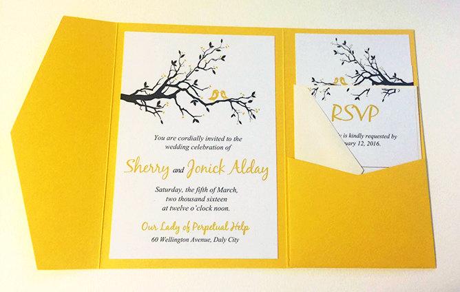 Mariage - Love Bird Wedding Pocketfold Invitation - Wedding Invitation Set Deposit - Yellow Gray "Love Bird Branch" Accommodation RSVP Reception Card