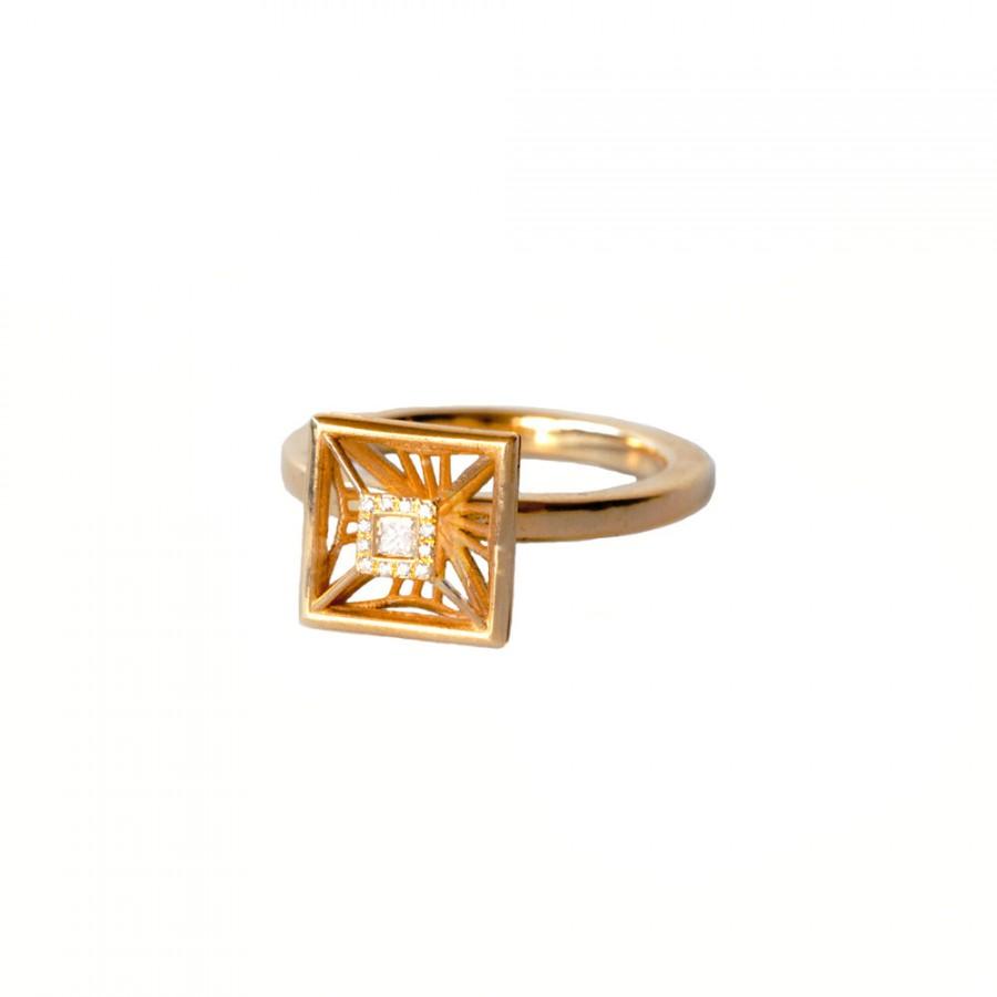 Hochzeit - Square Ring Solitaire Diamond - Geometric Engagement Ring, Unique Square Diamond Ring, 18K Yellow Gold Ring, Diamonds Anniversary Ring Women