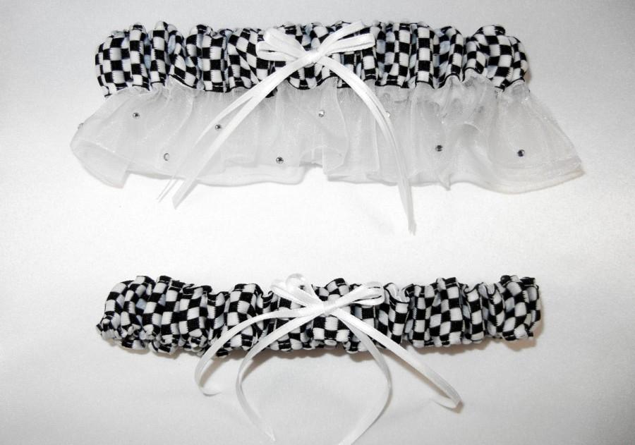 زفاف - Black & White checkered garter set