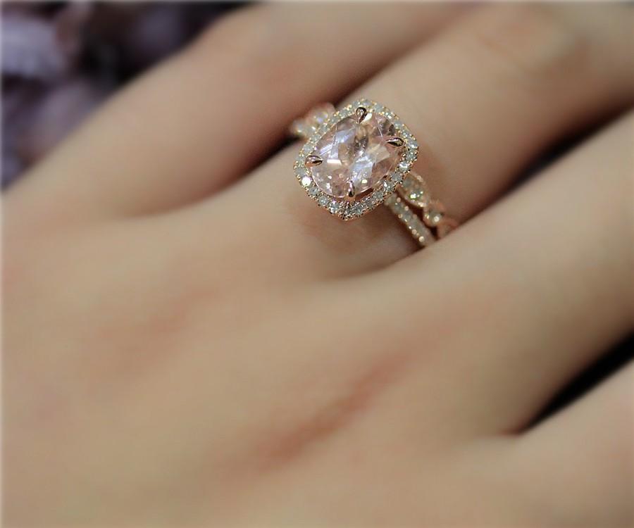 Mariage - Handmade Morganite Ring Set! Engegement Ring Set 7x9mm Natural VS Pink Morganite Ring Set Solid 14K Rose Gold Ring Wedding Ring Promise Ring