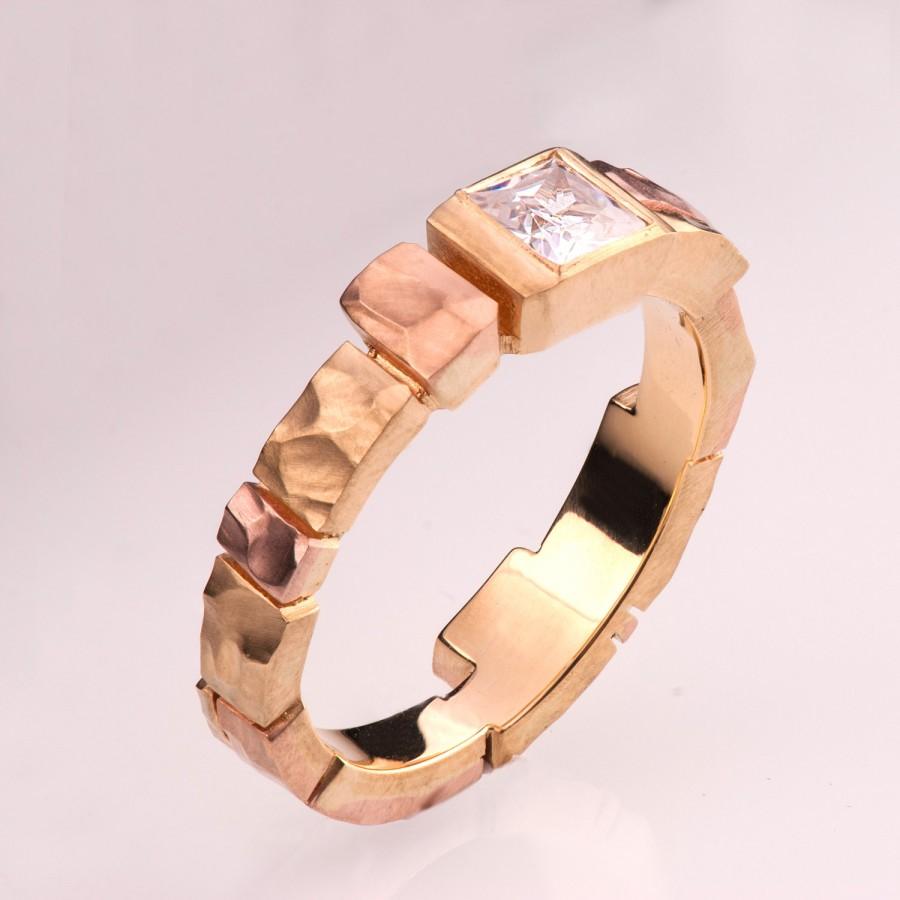 Wedding - Brick Engagement Ring - Unique Engagement Ring, tricolor engagement ring, men's ring, princess cut diamond, square diamond ring