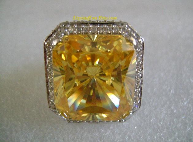 Wedding - Flashy Blingtacular HUGE 47 Carat Faceted Radiant Cushion Cut Lab Created ManMade Fancy Yellow Canary Diamond Pave CZs Accents Cocktail Ring