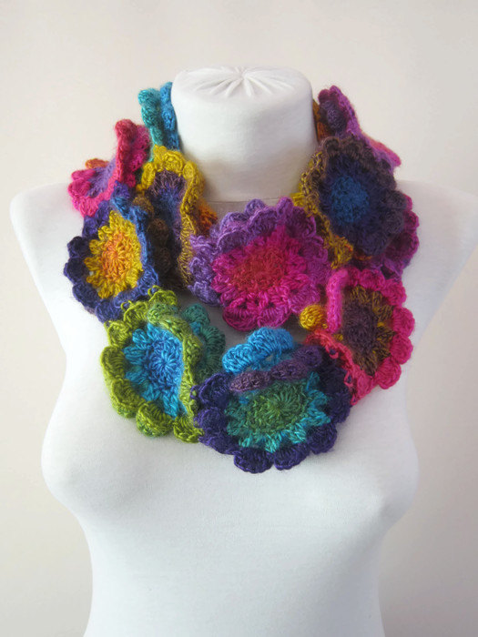 Wedding - Crochet Scarf, Flower Scarf, Crochet necklace, Colorful infinity  Scarves, circle Accessories, Loop Neckwarmer, Pink Blue Green Yellow