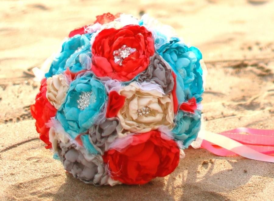 Mariage - Ivory, Coral, turquoise, aqua, and grey romantic heirloom brooch wedding bouquet.