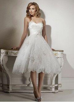 Mariage - A-Line/Princess Strapless Sweetheart Knee-Length Organza Satin Wedding Dress With Ruffle Lace Beading