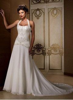 Свадьба - A-Line/Princess Halter Court Train Chiffon Wedding Dress With Lace Beading
