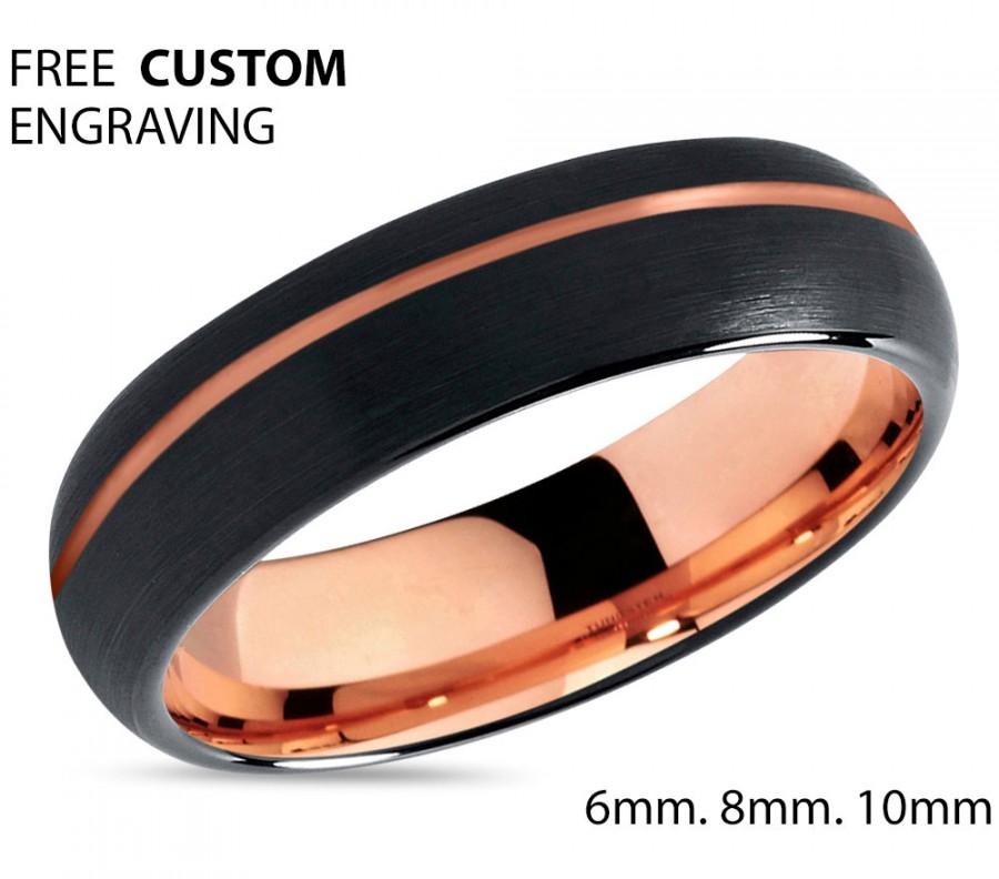 زفاف - Black Tungsten Ring Rose Gold Wedding Band Ring Tungsten Carbide 6mm 18K Tungsten Man Wedding Band Male Women Anniversary Matching