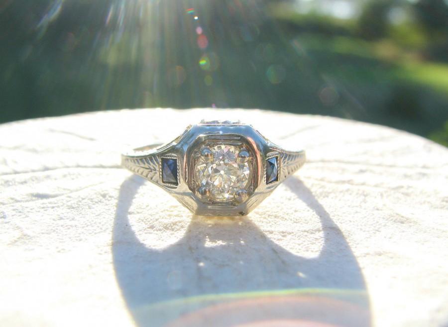 Wedding - 1920's Art Deco Diamond Sapphire Engagement Ring, Fiery Old European Cut Diamond, Elegant Leafy Engraving, 18K White Gold