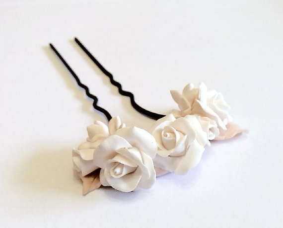 Wedding - White Roses Wedding Hair Accessories, Wedding Hair Accessory pin Bridesmaid Jewelry, Bridal hair pins