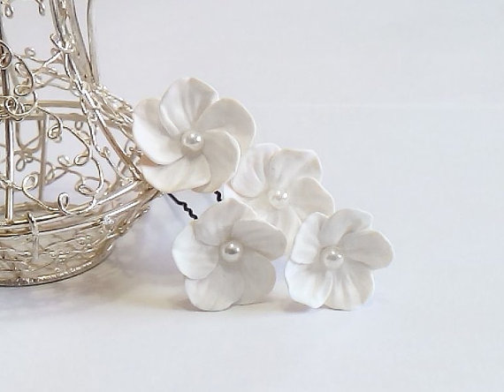 Wedding - White Flowers hair Pin set - Small Hair Flowers, Wedding Hair Flowers, Bridal Hair Pins, Wedding, White Bridal Hair Flowers