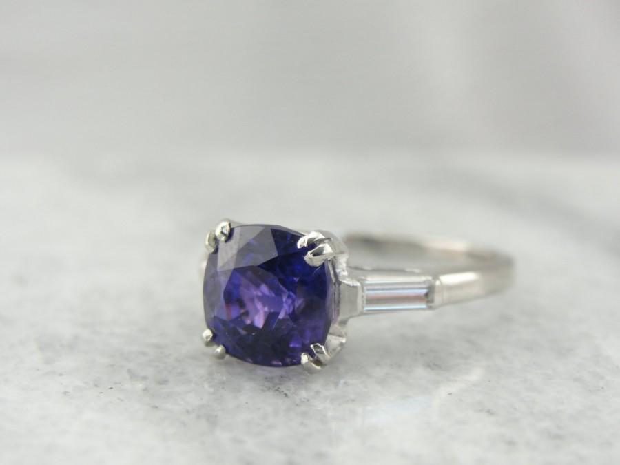 زفاف - Vintage Retro Era Engagement Ring with Fine Deep Purple Ceylon Sapphire, Platinum and Sapphire  PJHVR4-N