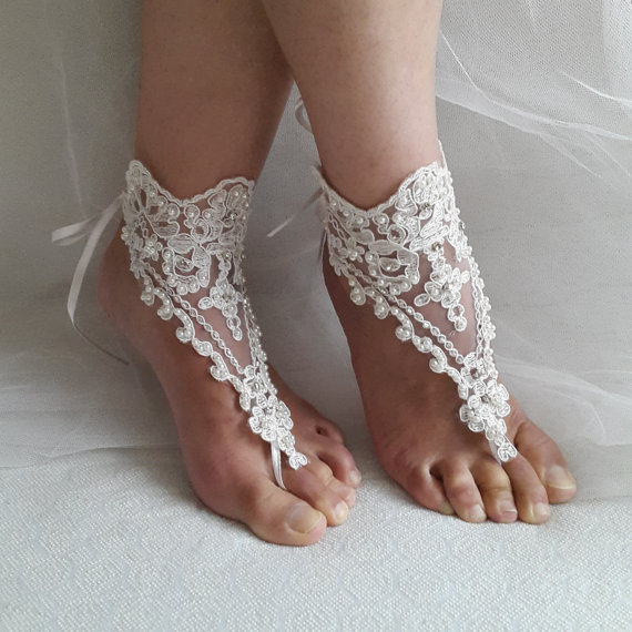 Hochzeit - Beaded ivory lace wedding sandals, free shipping!