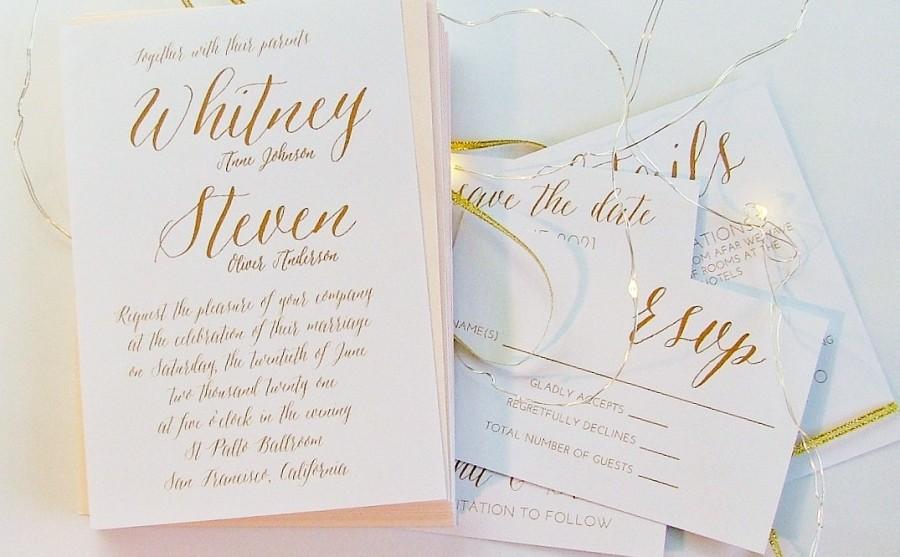 Wedding - Simple Wedding Invitation, Gold Wedding Invitations, 5 Piece Suite, Printed Invitations