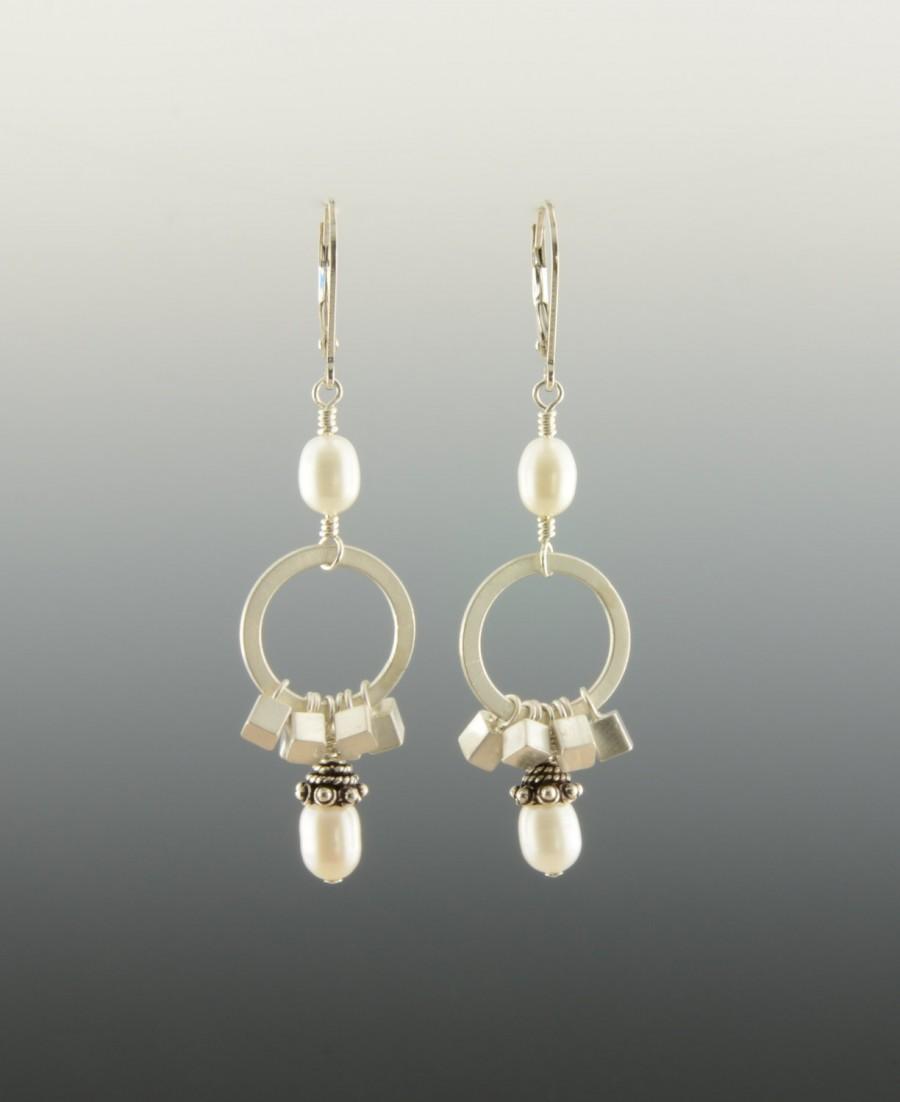 Wedding - Silver earrings, pearls earrings, square silver charms earrings, artisan earrings, wedding jewelry, unique earrings, ready to ship,