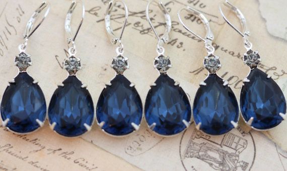 Hochzeit - Montana Blue Navy Wedding Jewelry Black Diamond 6 Pairs Bridesmaids Earrings Vintage Earrings - Clip Ons Available