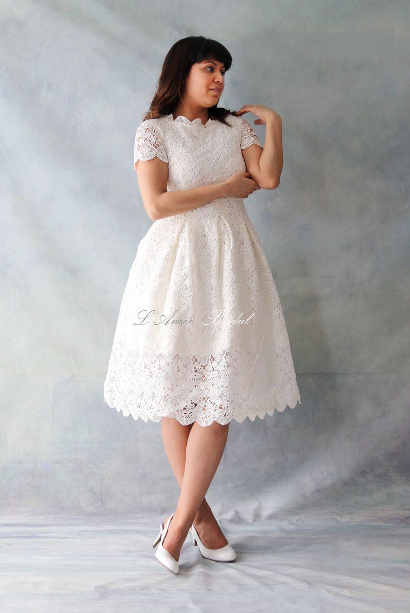Hochzeit - Vintage Style Alice in the Garden Tea Length Cotton Lace Wedding Dress - AM1982795.