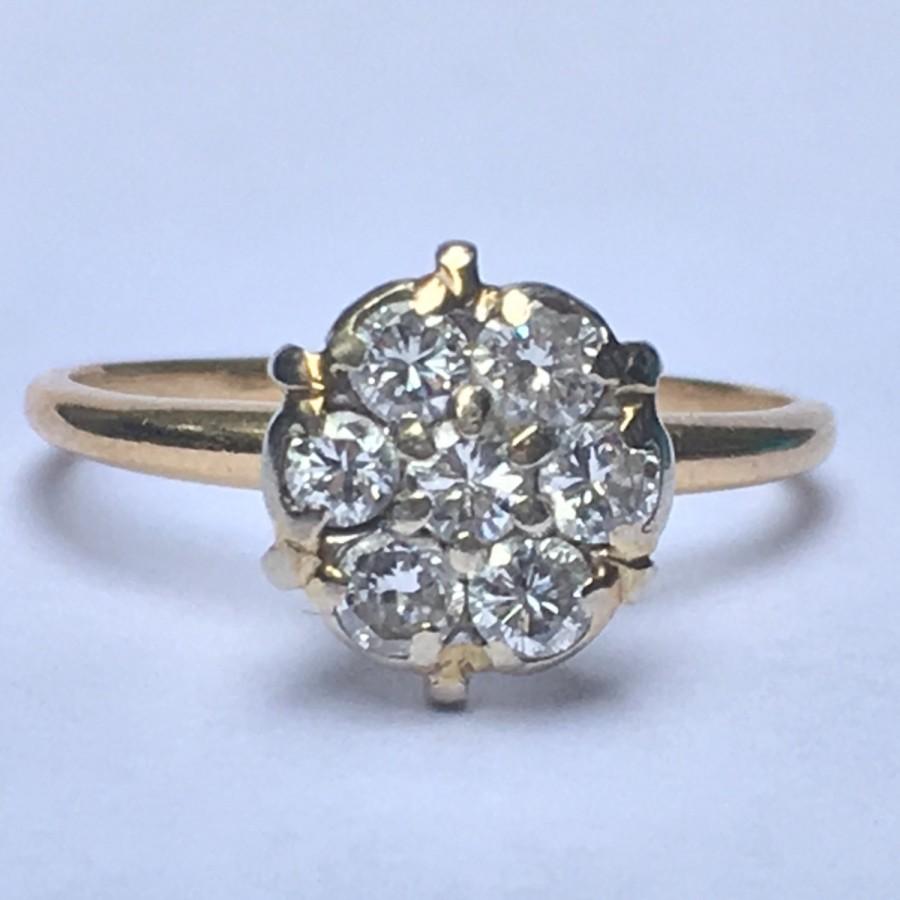 Wedding - Vintage Diamond Cluster Ring. 14K Yellow Gold. Floral Design Setting. Unique Engagement Ring. April Birthstone. 10 Year Anniversary Gift.