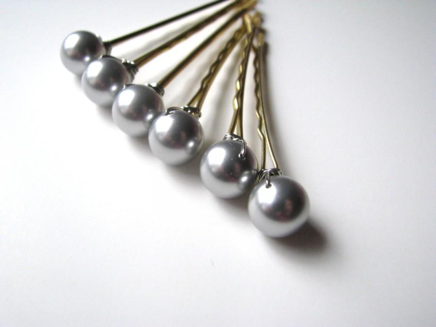 Hochzeit - Hair Pins Slate Gray Silver Pearl Swarovski Bobby Pins 8mm or 10mm