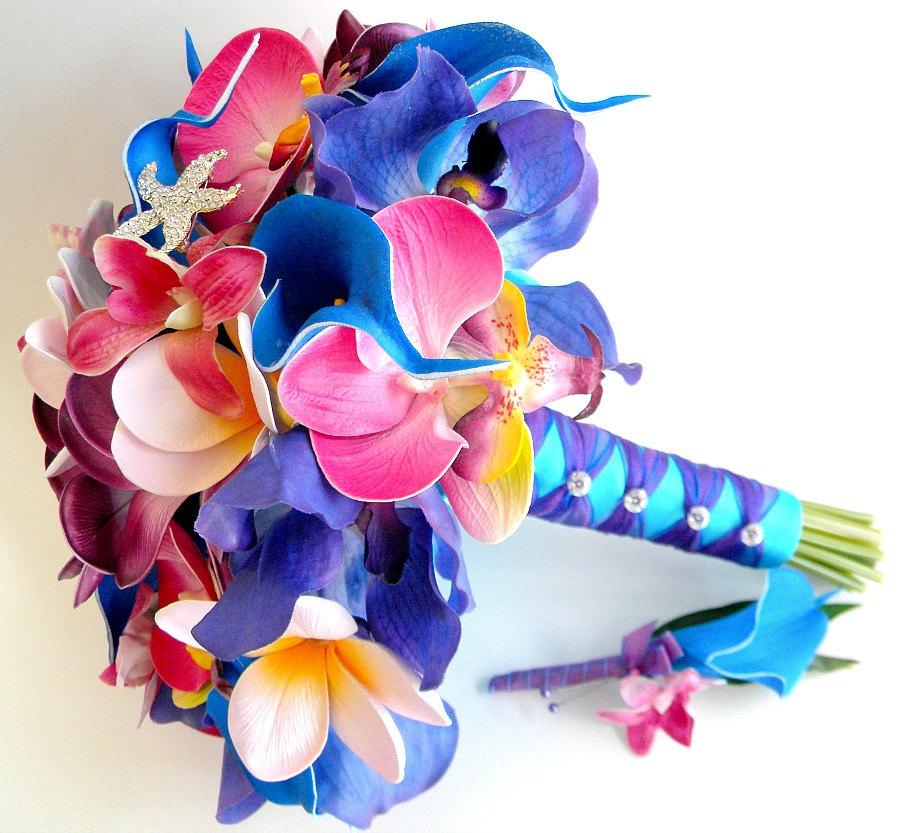 Свадьба - Blue Lagoon Beach Wedding Bouquet with Starfish Brooch Real Touch Flowers.