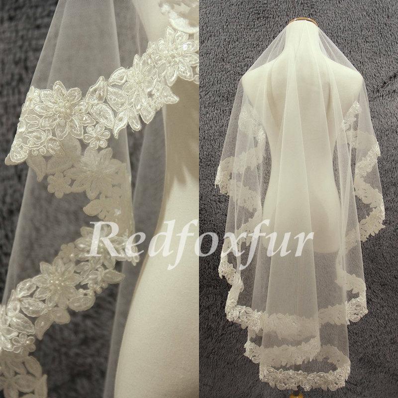 Wedding - Lace edge veil/1 Tier Ivory Bridal Veil/1.5M Veil/beaded Veil/Wedding dress veil/Fingertip length veil/Wedding Accessories