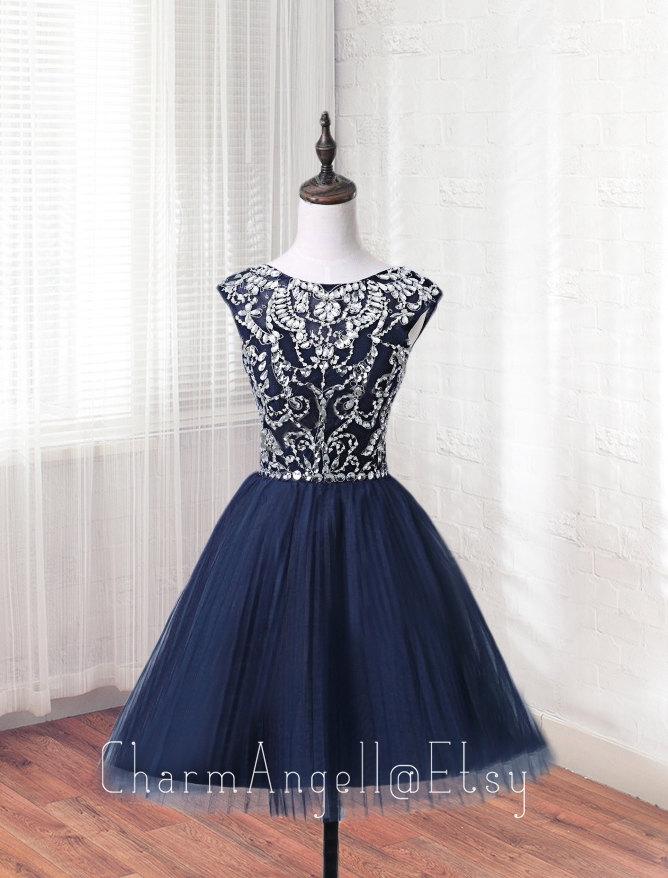 Wedding - short Tulle prom dress, Navy blue homecoming dress, formal dress