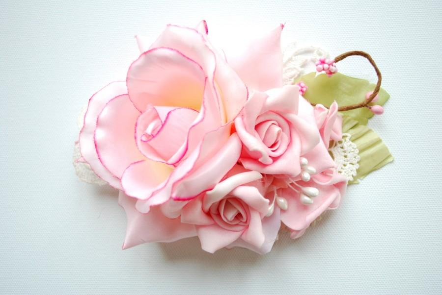Hochzeit - Romantic Rose Bridal Hair Comb, Weddings Hair Accessories, Bridal Bridesmaids Headpiece, Shabby Chic, Pastel, Pale Pink, Bridal Sash