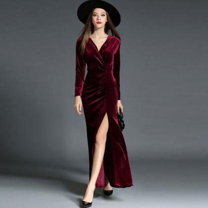زفاف - Autumn v neck long sleeve sexy high slit aristocratic temperament slim elegant evening dresses