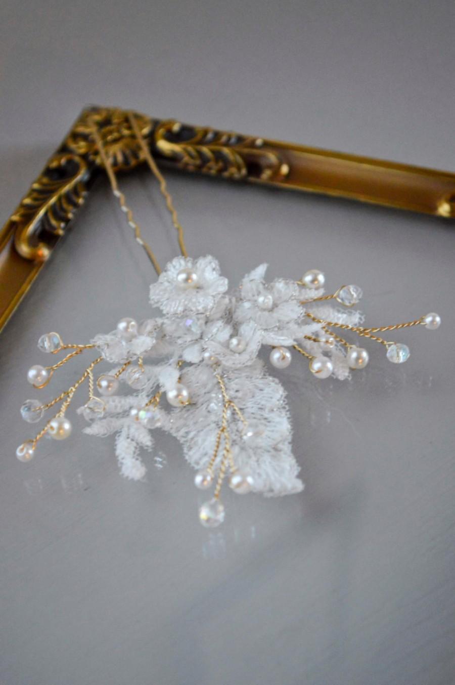 Hochzeit - Bridal Lace Hair Pin, Crystal Pearls, Hair flowers, Bridal Hair Accessories, Vintage Style, Art Nouveau, Art Deco Hair
