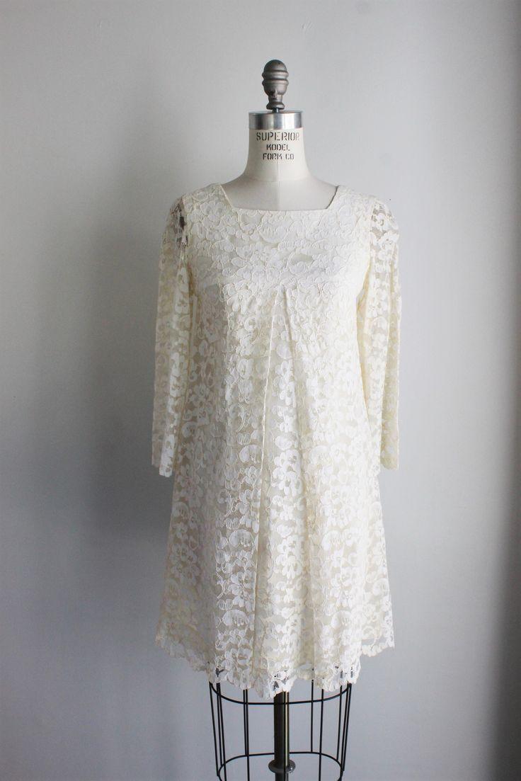 Wedding - Vintage 1960s Off White Lace Mod Mini Wedding Dress