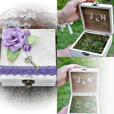 Hochzeit - Alternative Wooden Box Custom Ring Bearer Purple Flower Lace.Personalized Ring Bearer Box moss.Initials ring box rustic wedding.Boho wedding