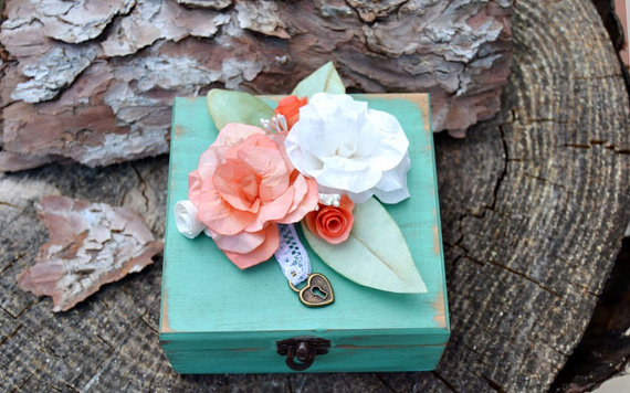 Wedding - Personalized Wooden Box Ring Bearer Mint Coral Paper Flower. Custom ring bearer box moss.Romantic Ring bearer. Rustic wedding ceremony.