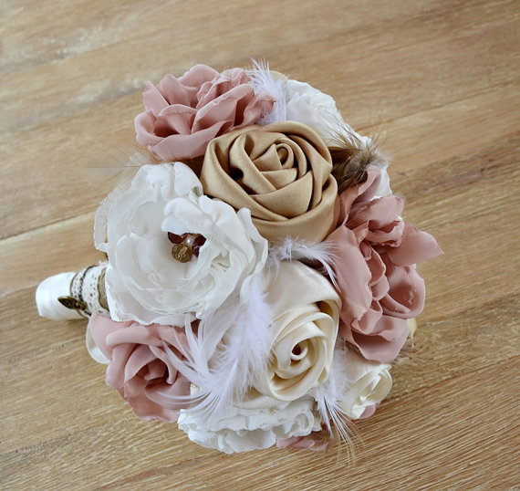 Свадьба - Vintage Wedding Bouquet Fabric Flowers Feathers. Wedding Bouquet. Blush Bridal Bouquet. Ivory, blush, cream tones, champagne, dusty pink