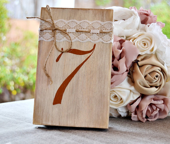 Hochzeit - Wedding Table Numbers Wood Hand Painted Lace 1920. Romantic Table Number. Wedding Table Decor Great Gatsby. Rustic Wedding centerpiece.