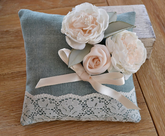 Свадьба - Wedding Ring Pillow Fabric Flowers Lace, Romantic Ring Pillow Peonies Roses Lace. Wedding Dusty Green Pillow. Shabby Chic Ring Pillow