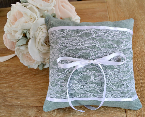 Mariage - Dusty Green Ring Bearer Pillow. Wedding Ring Cushion White Lace. Shabby Chic ring pillow. Vintage ring bearer pillow. Lace Wedding Pillow.