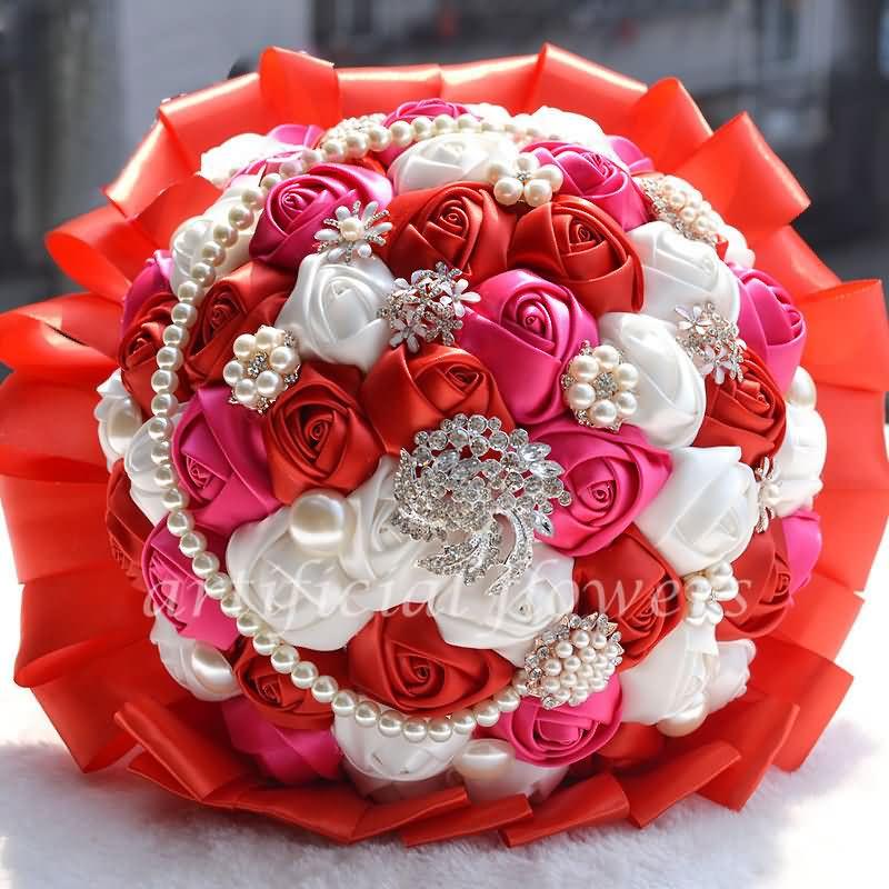 Wedding - Silk Bridal Bouquets Artificial Handmade Flower Bouquets For Weddings White & Red Tall 28CM [13050542] - $55.56 : cloneflower.com