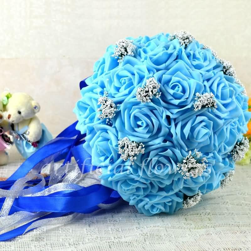 Mariage - Artificial Roses Bouquet Wedding Silk Bouquet Of Handmade Diy Flowers Blue Tall 35CM [13050501] - $38.68 : cloneflower.com